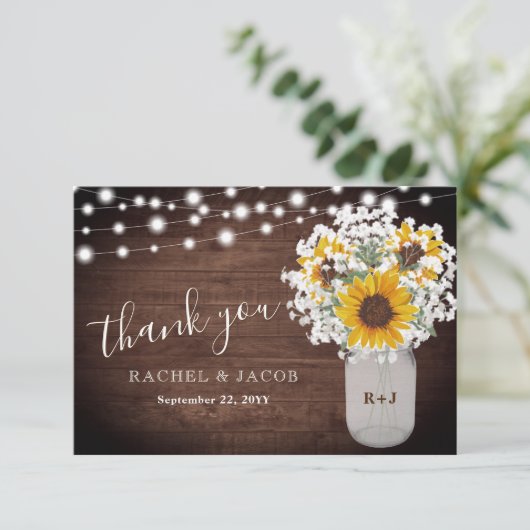 素朴ひまわり赤ちゃんの息のメイソンジャー結婚ズ サンキューカード (スタンド正面)