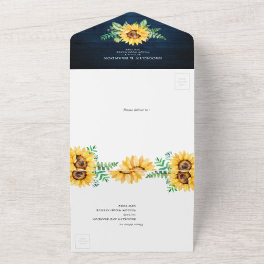 素朴ひまわり赤ちゃん息ネイビーブルー結婚ズ オールインワン招待状 (外側)
