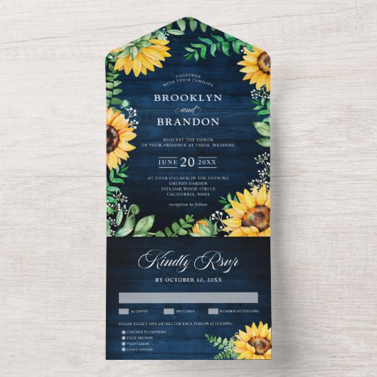 素朴ひまわり赤ちゃん息ネイビーブルー結婚ズ オールインワン招待状 (内側)