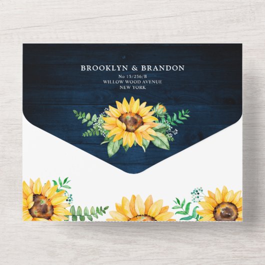 素朴ひまわり赤ちゃん息ネイビーブルー結婚ズ オールインワン招待状 (裏面)