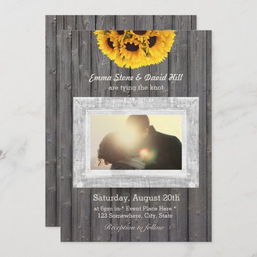 素朴ひまわり風化した木の写真結婚 招待状 (正面/裏面)