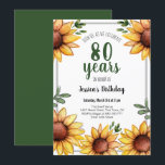 素朴ひまわり80th誕生日パーティー 招待状<br><div class="desc">ひまわりのアートワークは水彩画絵を描で描かれた。背景離れは手で描かれ、デジタルで色が付けられた。甘くて少し素朴なヒマワリデザイン。テンプレートの使用簡単。Valarie Wadeによるアートワーク。春や夏のパーティーに最適。すべての文字は調整可能である。</div>