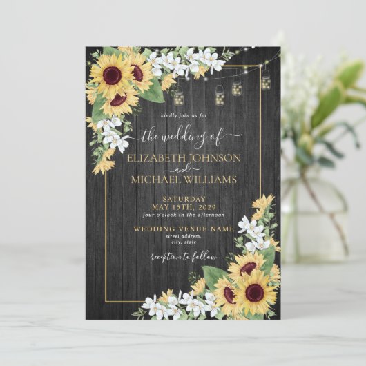 素朴ひまわり&グレーフローラウッドフォト結婚ズ 招待状 (スタンド正面)