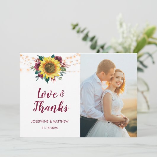 素朴ひまわりString Lights写真結婚の サンキューカード (スタンド正面)