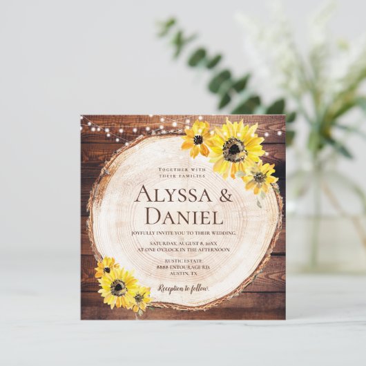 素朴ひまわりString lights Wood Cut's 結婚 招待状 (スタンド正面)