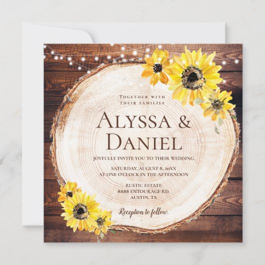素朴ひまわりString lights Wood Cut's 結婚 招待状 (正面)