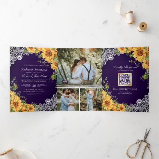 素朴ひま王室のわり紫の木材QRコー結婚ド 三つ折り招待状 (内部)