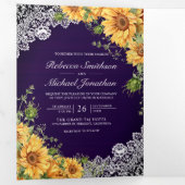 素朴ひま王室のわり紫の木材QRコー結婚ド 三つ折り招待状 (内部最初)