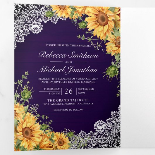 素朴ひま王室のわり紫の木材QRコー結婚ド 三つ折り招待状 (内部最初)