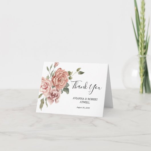 素朴ほこりっぽいピかわいらしンク書の結婚バラ サンキューカード (正面)