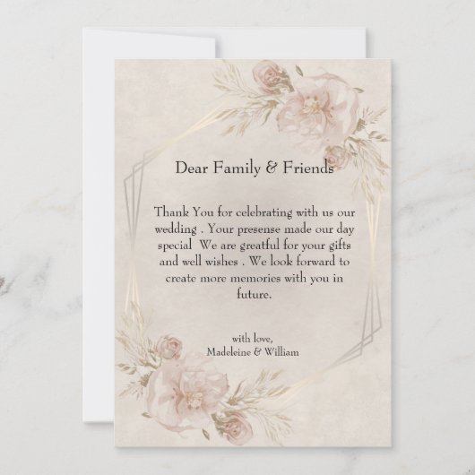 素朴ほこりっぽいピンクのバラ&ワイルドフラワー結婚ズ サンキューカード (正面)