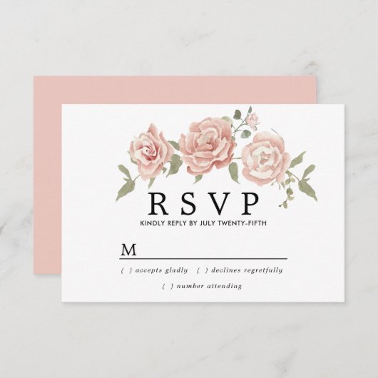 素朴ほこりっぽいピンクのローズ結婚フローラ 出欠カード (正面/裏面)