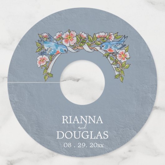 素朴ほこりっぽい青いフローラ結婚鳥 ワイングラスタグ (正面)