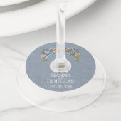 素朴ほこりっぽい青いフローラ結婚鳥 ワイングラスタグ (クローズアップ)