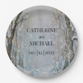 素朴ほこりっぽい青い冬の森の水の色結婚の ペーパープレート (正面)