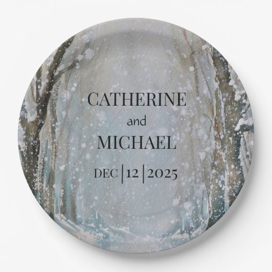 素朴ほこりっぽい青い冬の森の水の色結婚の ペーパープレート (正面)