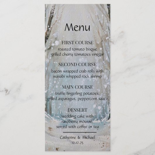 素朴ほこりっぽい青い冬の森の水の色結婚の メニュー (正面)