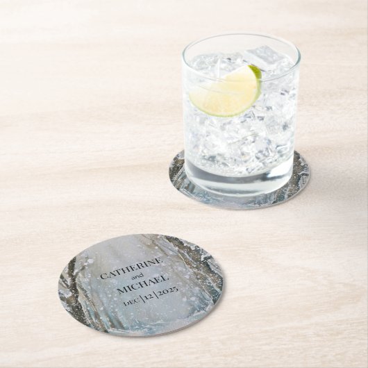 素朴ほこりっぽい青い冬の森の水の色結婚の ラウンドペーパーコースター (インサイチュ)