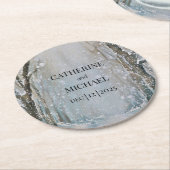 素朴ほこりっぽい青い冬の森の水の色結婚の ラウンドペーパーコースター (アングル)