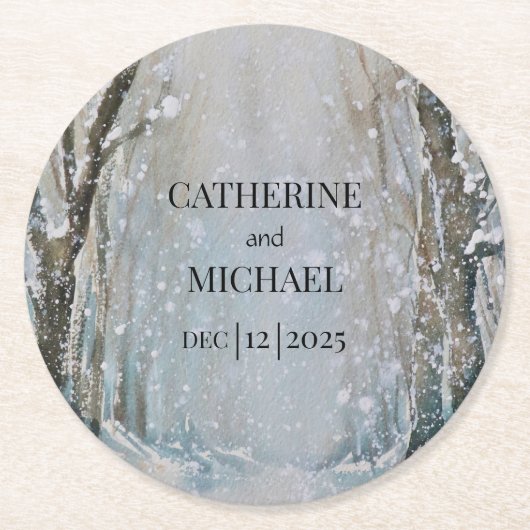 素朴ほこりっぽい青い冬の森の水の色結婚の ラウンドペーパーコースター (正面)