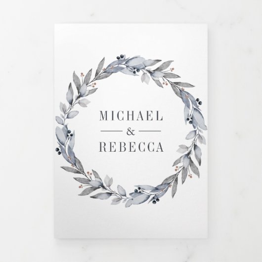 素朴ほこりっぽい青い水の色離れの冬の結婚式 三つ折り招待状 (カバー)