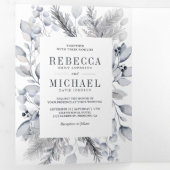 素朴ほこりっぽい青い水の色離れの冬の結婚式 三つ折り招待状 (内部最初)