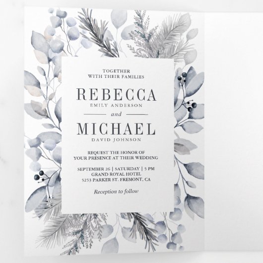 素朴ほこりっぽい青い水の色離れの冬の結婚式 三つ折り招待状 (内部最初)