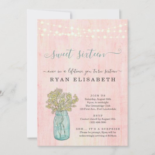 素朴みすぼらしいシックなサプライズSweet sixteenパーティー 招待状 (正面)