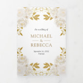 素朴アイボリーフローラ金ゴールドグリッターQRコード結婚 三つ折り招待状 (カバー)