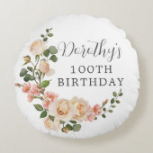 素朴アイボリーホワイトフローラ100番目の誕生日ギフト ラウンドクッション (正面)