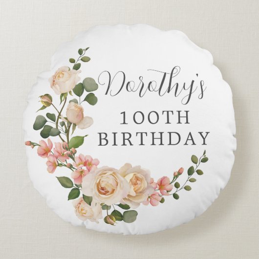 素朴アイボリーホワイトフローラ100番目の誕生日ギフト ラウンドクッション (正面)