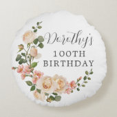 素朴アイボリーホワイトフローラ100番目の誕生日ギフト ラウンドクッション (裏面)