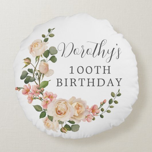 素朴アイボリーホワイトフローラ100番目の誕生日ギフト ラウンドクッション (裏面)