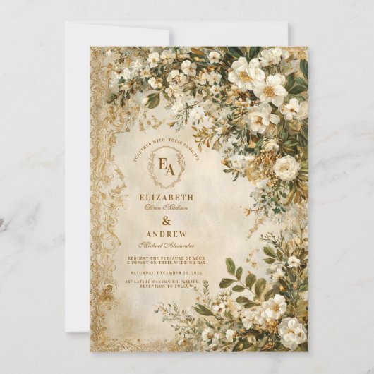 素朴アイボリーワイルドフラワーボホ結婚の 招待状 (正面)
