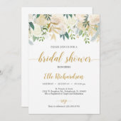 素朴アイボリー白フローラ金ゴールド緑ブライダル 招待状 (正面/裏面)