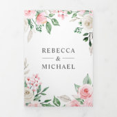 素朴アイボリー赤面ピンクフローラQRコード結婚s 三つ折り招待状 (カバー)