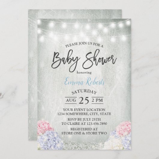 素朴アジサイフローラエレガントベビーシャワー 招待状 (正面/裏面)