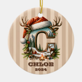 素朴アドベンチャーレターCサンタハットとキャンプファイア セラミックオーナメント