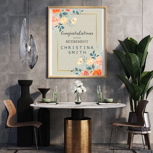 素朴アンティークフローラ水色退職パーティー ポスター