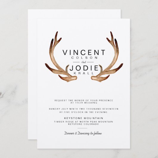 素朴アントラー水彩結婚式の招待 招待状 (正面/裏面)