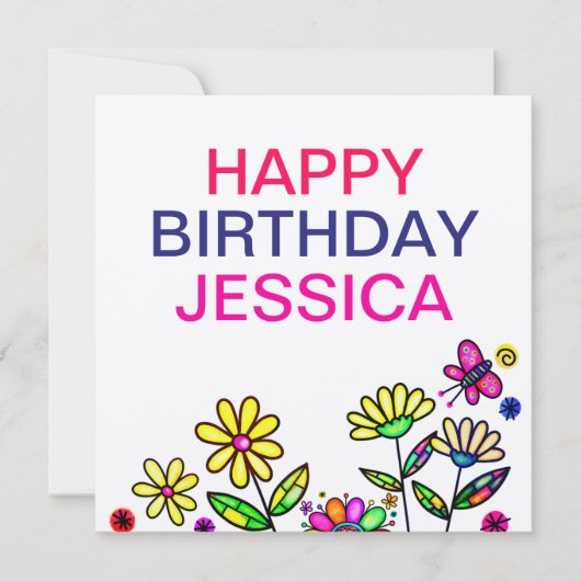 素朴アートカラフル花ハッピーバースデー名 カード (正面)