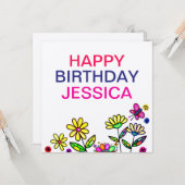素朴アートカラフル花ハッピーバースデー名 カード (正面/裏面インサイチュ)