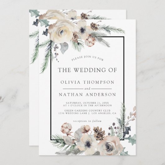 素朴ウィンターパインフローラブラックフレ結婚ーム 招待状 (正面/裏面)