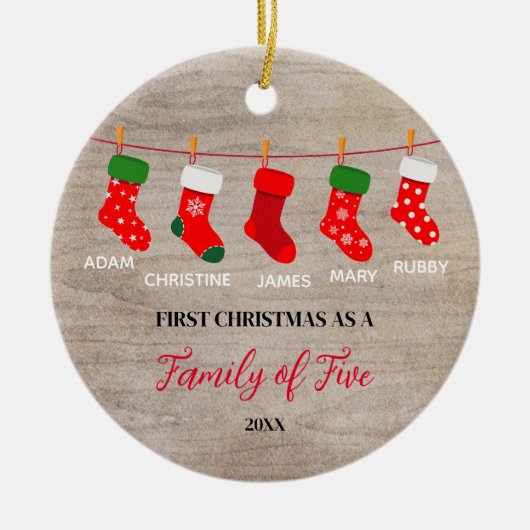 素朴ウィンターファミリーオブファイブソックスオーナメント セラミックオーナメント (正面)