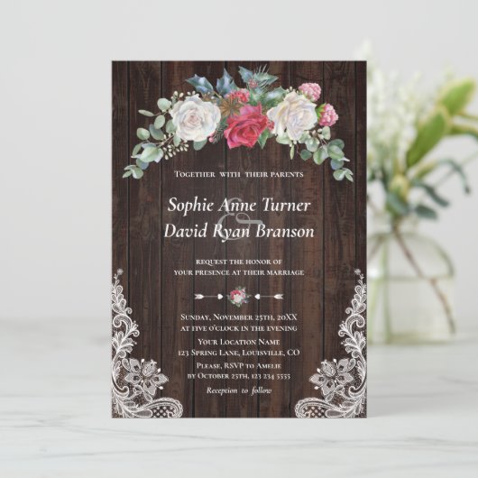 素朴ウィンターホワイトレッドフローラウッドレース結婚ズ 招待状 (スタンド正面)