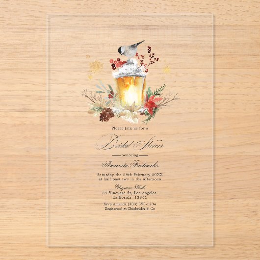 素朴ウィンターランタン透明ブライダルシャワー アクリル招待状 (正面)