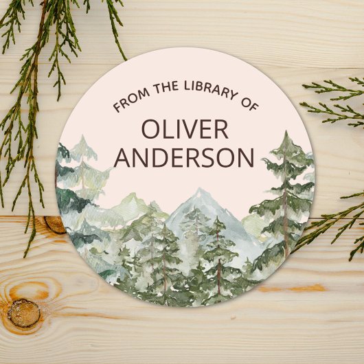 素朴ウォーターカラーフォレスト&マウンテン蔵書票 ラウンドシール