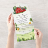 素朴ウォーターカラーレッドバーンルーラルファームズ結婚ズ オールインワン招待状 (貼ってはがせる)