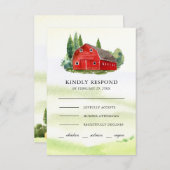 素朴ウォーターカラーレッドバーンルーラルファームズ結婚ズ 出欠カード (正面/裏面)