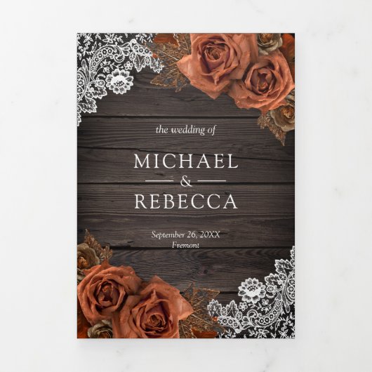素朴ウッドダスティ自然テラコッタバラ結婚ズ 三つ折り招待状 (カバー)